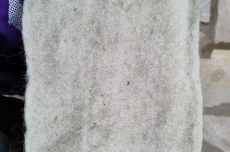 Un rectangle de laine blanche feutrée. on voit qu'elle est pas trés propre mais le rectangle est rectangulaire bien